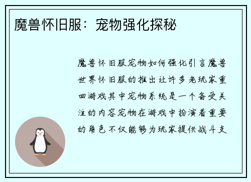 魔兽怀旧服：宠物强化探秘